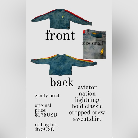 Aviator Nation Cropped Crewneck 5 Stripes With Lightning Bolt Size Small - Picture 1 of 1